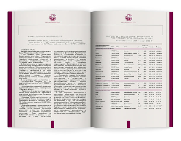Разворот годового отчета «Мосстройэкономбанка», представляющий текст независимого аудиторского заключения о достоверности бухгалтерской отчетности за 2003-й год, а также перечень филиалов и дополнительных офисов банка