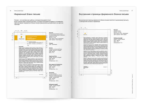 Разворот подробного руководства по использованию фирменного стиля группы компаний «Метрика» <br>с исчерпывающим описанием правил построения макетов страниц фирменного бланка, с указанием всех размеров, отступов, применяемых цветов, шрифтовых гарнитур, кеглей, начертаний и междустрочных пробелов (интерлиньяжей)