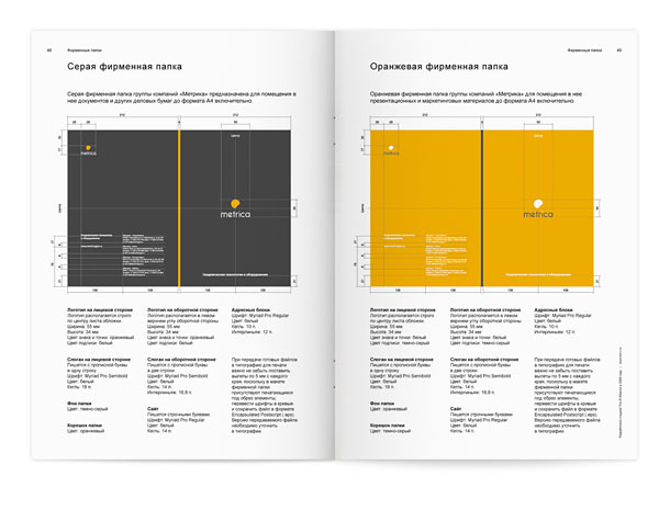 Разворот подробного руководства по использованию фирменного стиля группы компаний «Метрика» с исчерпывающим описанием правил создания макетов корпоративных папок, с указаниями всех размеров, отступов, применяемых цветов, шрифтовых начертаний, кеглей и интерлиньяжей, а также с рекомендациями по подготовке файлов для типографии
