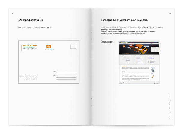 Разворот краткого руководства по применению фирменного стиля «Команды 34», представляющий корпоративные конверты C4 (формат 324x229 миллиметров) и общее оформление интернет-сайта компании