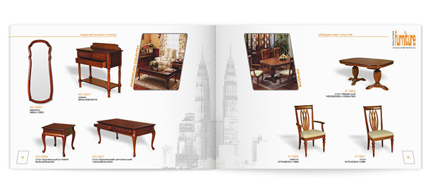 Разворот каталога малазийской мебели, представляющий различные журнальные столики, комод, зеркало, а также обеденную группу