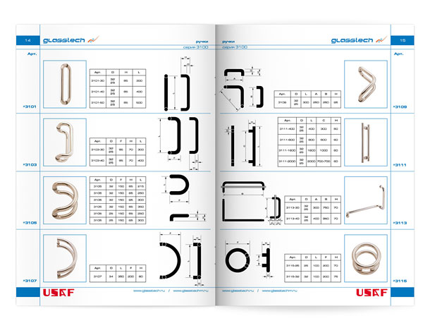 Разворот технического каталога компании «Гластек М» с представлением ручек Usaf для стеклянных дверей, включая их технические характеристики, чертежи и размеры