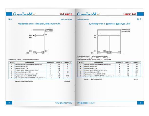 Разворот технического каталога стеклянных конструкций, представляющий одностворчатую и двухстворчатую маятниковые двери с фрамугами, выполненные на основе фурнитуры Usaf