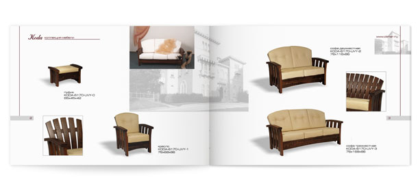 Один из разворотов каталога элитной мебели коллекции Koda, представляющий мягкую мебель – пуфик, кресло и диваны