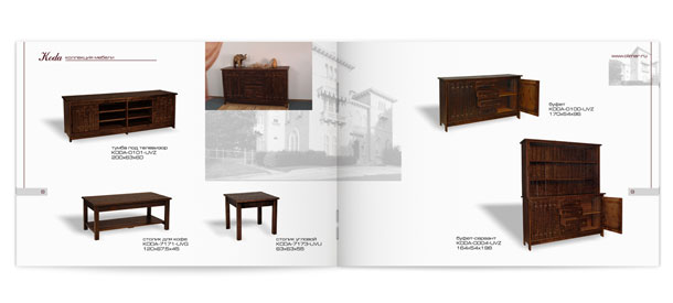Разворот каталога элитной мебели из тропического дерева коллекции Koda, представляющий тумбу под телевизор, столики, буфет и сервант