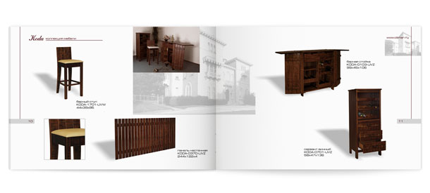 Разворот каталога элитной мебели из тропического дерева коллекции Koda с представлением мебели для домашнего бара – барной стойки, винного шкафа, барного стула и оригинальной настенной панели