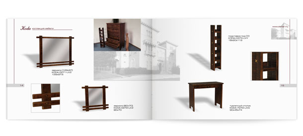 Разворот каталога элитной мебели из тропического дерева коллекции Koda , демонстрирующий зеркала двух различных размеров, оригинальный туалетный столик, а также стойку для компакт-дисков