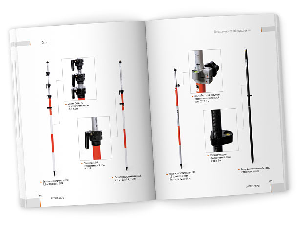 Разворот раздела «Аксессуары» каталога компании НАВГЕОКОМ «Геодезическое оборудование 2006», представляющий ассортимент геодезических вех производства фирм CST/Berger и Trimble