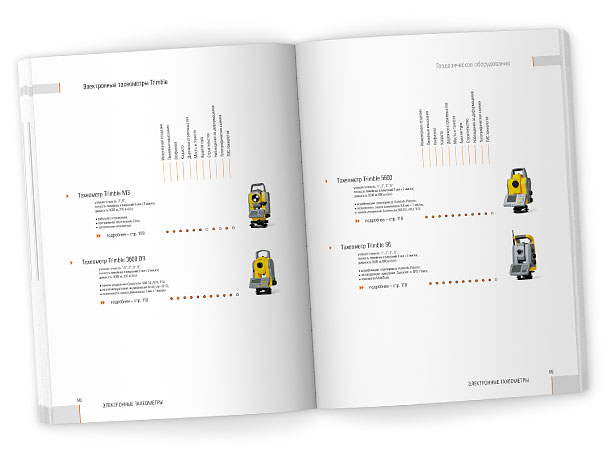 Разворот каталога «Геодезическое оборудование 2007», представляющий сравнительную таблицу электронных тахеометров Trimble с ключевыми особенностями и областями применения