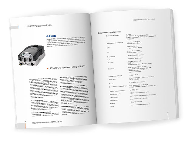 Разворот каталога компании НАВГЕОКОМ «Геодезическое оборудование 2008» с исчерпывающим описанием и полными техническими характеристиками многоканального многочастотного ГЛОНАСС/GPS-приемника Trimble R7 GNSS