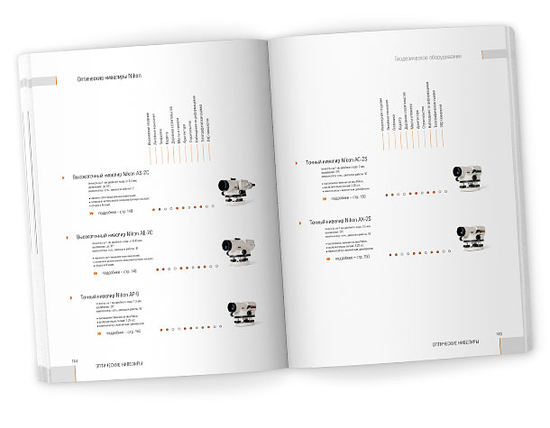 Разворот каталога компании НАВГЕОКОМ «Геодезическое оборудование 2008», представляющий сравнительную таблицу ассортимента оптических нивелиров Nikon с ключевыми особенностями и областями применения