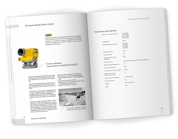 Разворот каталога «Геодезическое оборудование 2008» с исчерпывающим описанием и полными техническими характеристиками точных нивелиров Spectra Precision серий AL220, AL224, AL228 и AL232