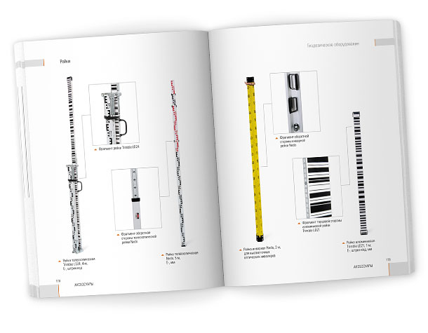 Разворот раздела «Аксессуары» каталога «Геодезическое оборудование 2008», представляющий ассортимент геодезических реек для тахеометрической, теодолитной и нивелирной съемок