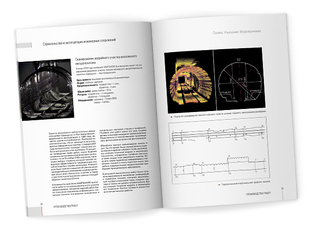 Разворот каталога «Съемка. Изыскания. Моделирование» с описанием срочного проекта компании НАВГЕОКОМ по сканированию, построению поперечных и продольных планов, чертежей и профилей, а также инженерному анализу аварийного участка тоннеля Московского метрополитена на перегоне «Царицыно» – «Кантемировская», где в ночь с 14 на 15 ноября 2003 года произошел выброс обводненных плывунных грунтов, парализовавших движение поездов; успешное и своевременное выполнение данного проекта позволило быстро провести восстановительные работы и возобновить функционирование загруженной ветки Московского метро