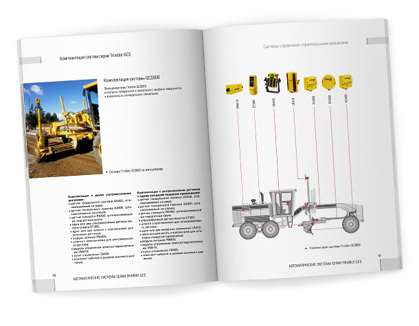 Разворот каталога «Системы управления строительными машинами» компании НАВГЕОКОМ, с описанием возможных вариантов конфигурации и наглядной схемой комплектации автоматической системы нивелирования Trimble GCS600