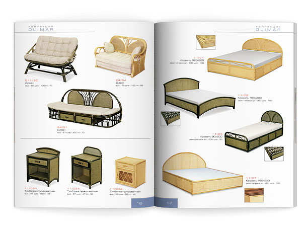 Разворот каталога компании «Олимар» с представлением мебели из ротанга коллекции Olimar – диванов, прикроватных тумбочек и кроватей
