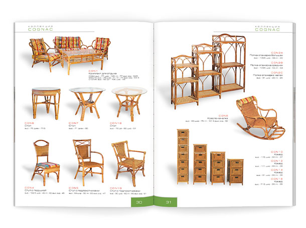 Разворот каталога компании «Олимар» с представлением мебели из ротанга коллекции Cognac – комплекта для отдыха, столов, стульев, кресел, а также этажерок и оригинальных комодов