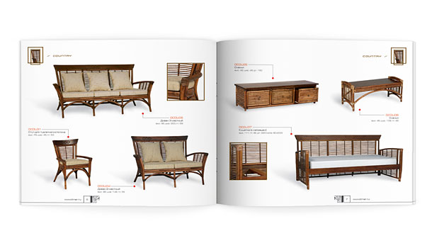 Один из разворотов мебельного каталога компании «Олимар», представляющий изготовленные из ротанга диваны, кресла, стулья и скамьи, относящиеся к коллекции Country