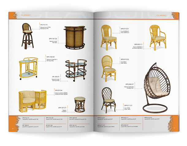 Разворот каталога компании «Олимар» с представлением мебели из ротанга коллекции Classic – стульев, барных столиков, различных кресел
