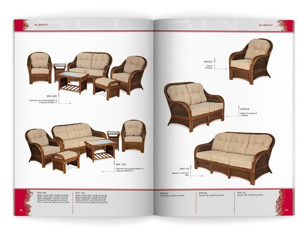 Один из разворотов каталога компании «Олимар», представляющий изготовленные из ротанга комфортабельные комплекты для отдыха и мягкую мебель коллекции Albany