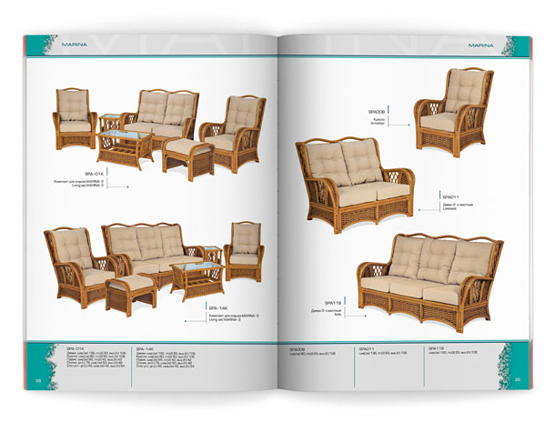 Разворот каталога компании «Олимар» с представлением мебели из ротанга коллекции Marina – комфортабельных комплектов для отдыха и мягкой мебели