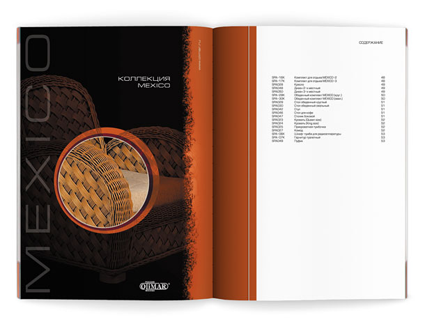 Разделительный разворот мебельного каталога компании «Олимар» с представлением коллекции Mexico и подробным содержанием соответствующего ей раздела
