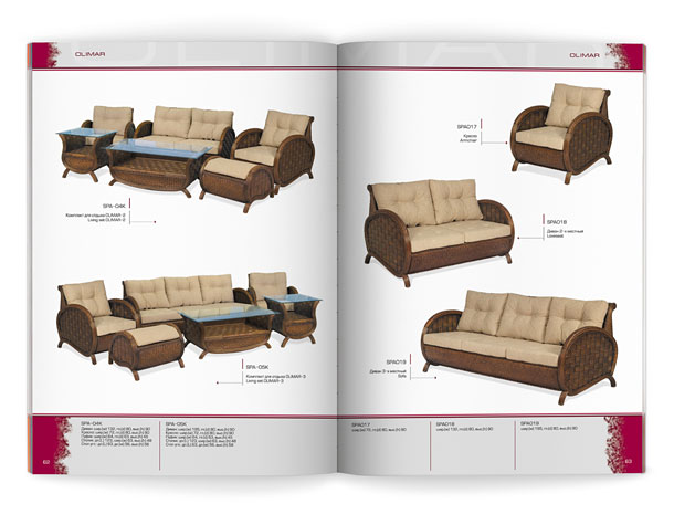Разворот каталога компании «Олимар» с представлением мебели из ротанга коллекции Olimar – комфортабельных комплектов для отдыха, а также отдельных диванов и кресел