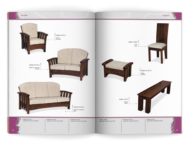 Разворот каталога компании «Олимар» с представлением мебели из тропического дерева коллекции Koda – диванов и кресел, а также стула, скамьи и табурета