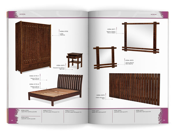 Один из разворотов каталога компании «Олимар», представляющий изготовленную из тропического дерева мебель для спальни, входящую в коллекцию Koda – кровать, прикроватную тумбочку и шкаф, а также зеркала двух размеров и оригинальную настенную панель