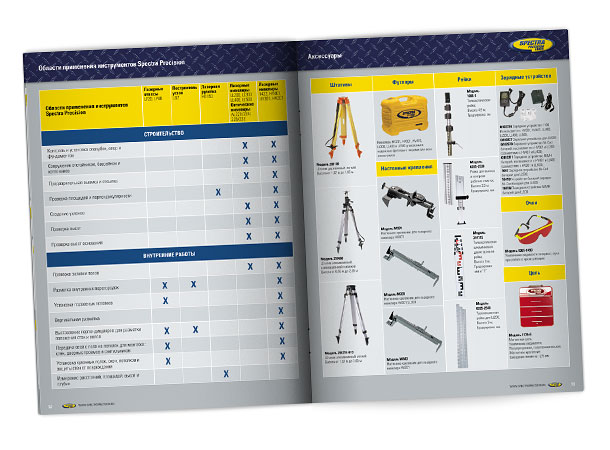 Разворот каталога, описывающий области применения измерительных инструментов Spectra Precision и представляющий аксессуары, используемые в работе с данным оборудованием