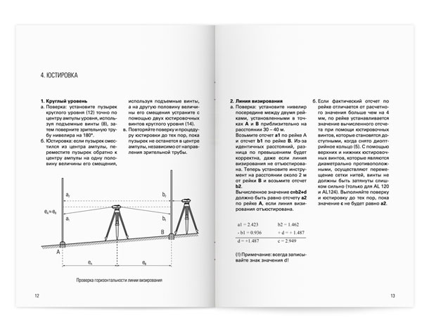 Разворот технической брошюры «Руководство пользователя автоматическими оптическими нивелирами Spectra Precision серии AL», подробно описывающий процесс юстировки прибора