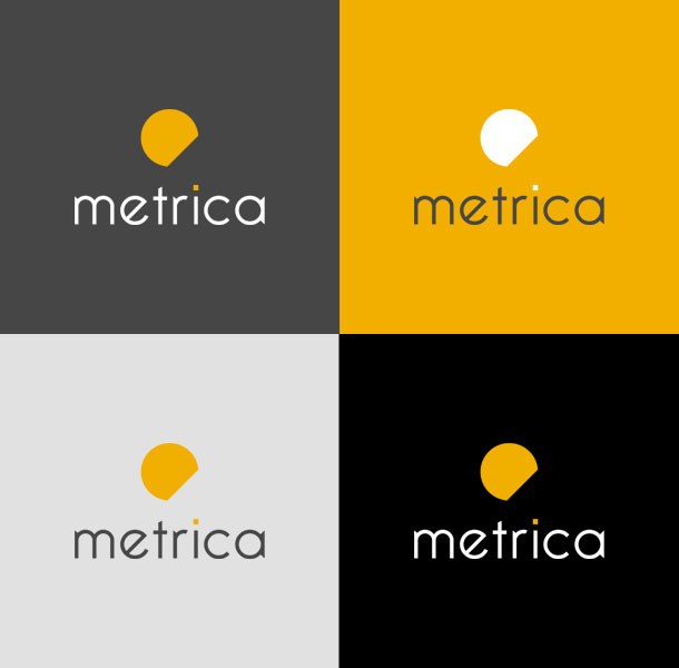 Фирменными цветами группы компаний «Метрика» являются оранжевый, темно-серый и светло-серый. Это яркие, контрастные цвета, выгодно выделяющие стиль компании от окружающей сине-красной массы. Варианты цветового отображения логотипа на фонах, окрашенных в фирменные цвета, а также в черный, выглядят следующим образом