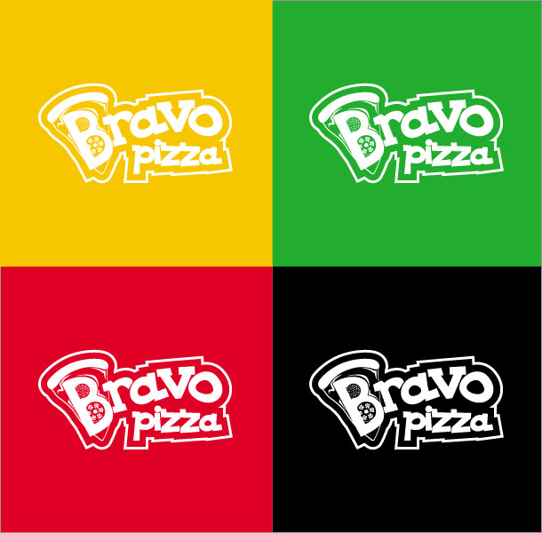 Варианты размещения логотипа компании «Пицца Браво» при одноцветной печати, которая будет использоваться при создании упаковок для различных видов продукции пиццерии