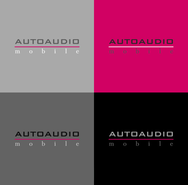 Основными фирменными цветами компании «Авто-Аудио» являются темно-серый, ярко-малиновый и светло-серый; в качестве дополнительных цветов для использования в различных презентационных и маркетинговых материалах применяются белый, светло-серый, черный. Все фирменные цвета компании «Авто-Аудио» яркие, контрастные и легко выделяющиеся в конкурентной среде. Варианты цветового отображения логотипа на фонах, окрашенных в корпоративные цвета, выглядят следующим образом