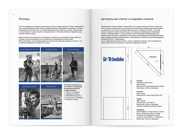 Разворот руководства по оформлению выставочного стенда компании Trimble с представлением способа монтажа постеров на рекламной стене стенда и необходимыми рекомендациями по порядку их размещения, а также с описанием сборки центральной стеллы и организации кладовки
