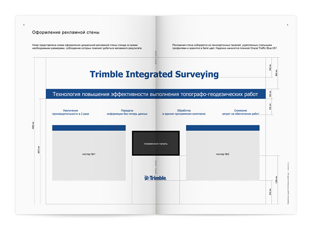 Разворот руководства по оформлению выставочного стенда компании Trimble с подробным описанием монтажа и оформления рекламной стены стенда со всеми необходимыми размерами, отступами, цветами и материалами для изготовления