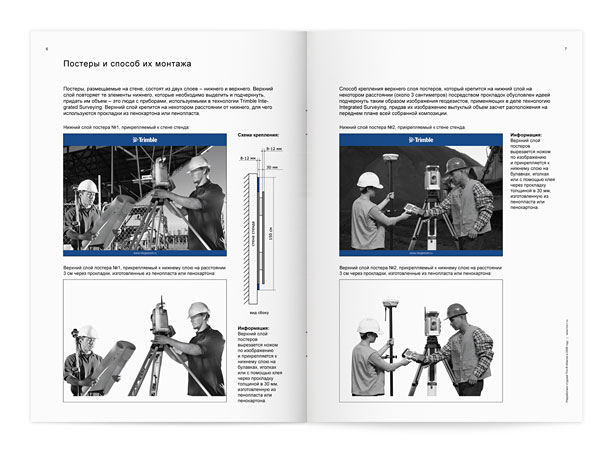 Разворот руководства по оформлению выставочного стенда компании Trimble с подробным описанием размещения постеров на рекламной стене стенда со схемой монтажа и всеми необходимыми рекомендациями по сборке; постеры изготовлены из пенокартона и состоят из двух слоев – нижнего <br>и верхнего, причем верхний слой повторяет те элементы нижнего, которые необходимо выделить <br>и подчеркнуть, придав им объем – это геодезисты с приборами, используемыми в технологии Trimble Integrated Surveying. Верхний слой вырезается ножом и крепится на некотором расстоянии от нижнего, для чего используются прокладки из пенокартона или пенопласта