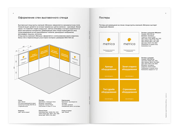 Разворот руководства по оформлению выставочного стенда группы компаний «Метрика», представляющий общую концепцию оформления стенда со всеми необходимыми размерами, отступами, цветами и материалами для изготовления, а также все специальные постеры, разработанные для размещения на его стенах, с указанием используемых материалов и цветов