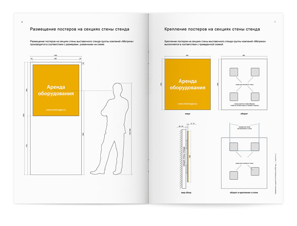 Разворот руководства по оформлению выставочного стенда группы компаний «Метрика» с описанием размещения и способа крепления постеров на стенах стенда, с указанием размеров, отступов, применяемых цветов, а также с рекомендациями по выбору материалов для изготовления плакатов