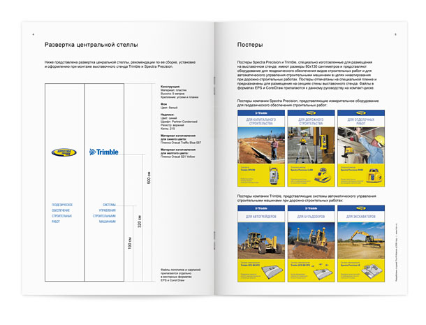 Разворот руководства по оформлению выставочного стенда компаний Trimble и Spectra Precision на выставке «СТТ 2006», представляющий рекомендации по монтажу и оформлению центральной стеллы со всеми необходимыми размерами, отступами, цветами и материалами для изготовления, а также все специальные постеры, разработанные для размещения на его стенах
