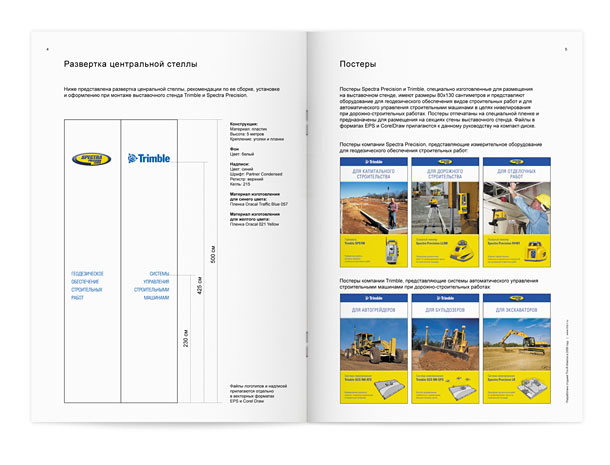 Разворот руководства по оформлению выставочного стенда компаний Trimble и Spectra Precision, представляющий рекомендации по монтажу и оформлению центральной стеллы со всеми необходимыми размерами, отступами, цветами и материалами для изготовления, а также все специальные постеры, разработанные для размещения на его стенах
