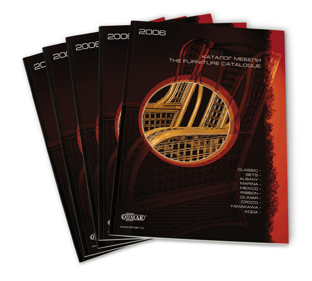 Мебельный каталог-2006 компании «Олимар» с выборочным УФ-лакированием центрального элемента оформления (круга) на обложке, отпечатанной на плотной бумаге